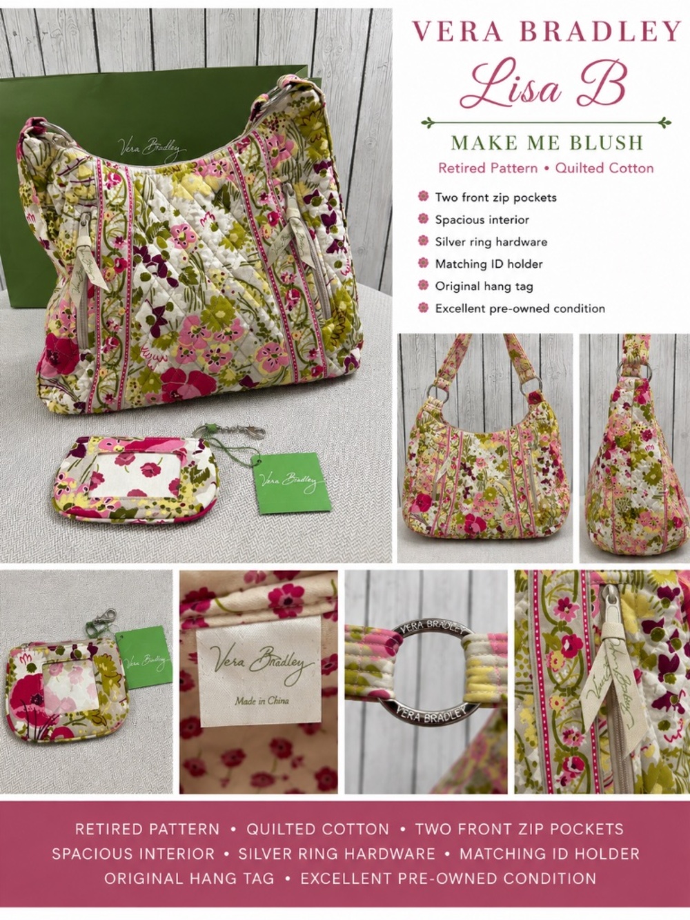 Vera Bradley Lisa B Bag Make Me Blush Retired w/ Matching  Clip on ID Holder